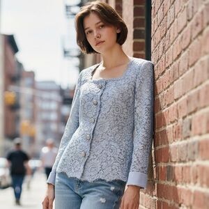 Vintage Rickie Freeman Light Blue Lace Button-Up Blouse Jacket